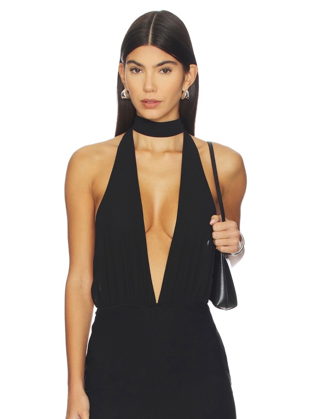 Superdown Revolve Baila Black Plunge V Neck Halter Tie Sleeveless Bodysuit NWT